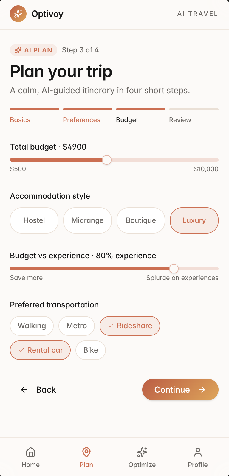 Plan step 3 of 4, Budget: total budget slider, accommodation style, and a save-versus-splurge slider